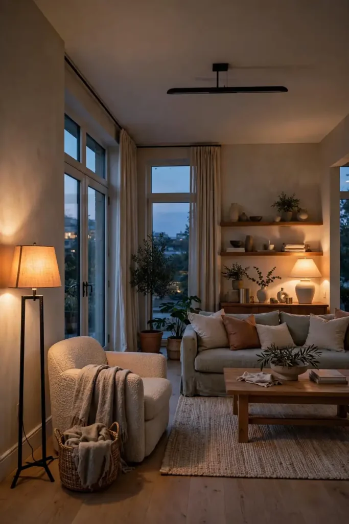 Living room corners lit with floor and table lamps at dusk