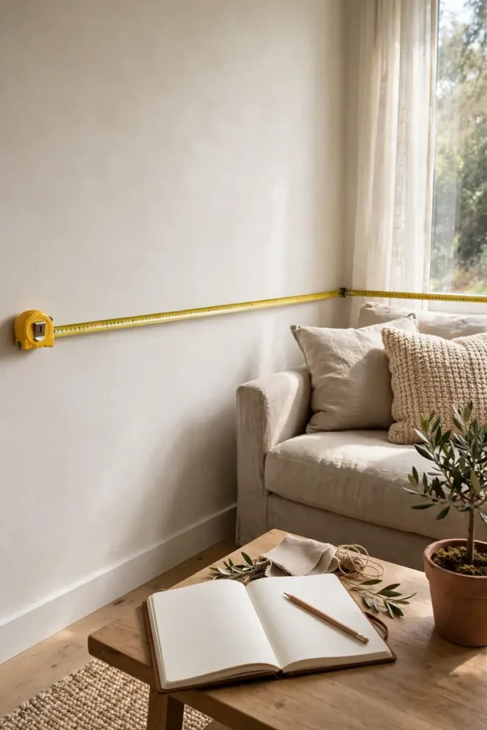 Tape measure and notebook planning a living room layout before shopping