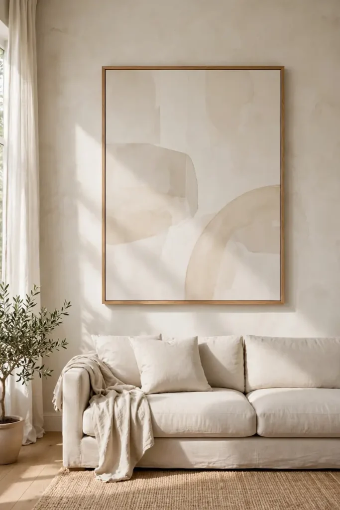 Single oversized art piece on a calm living room wall