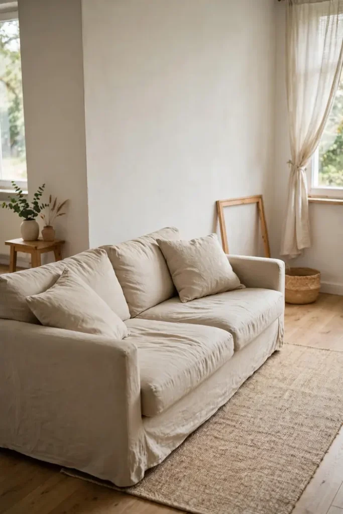 Rental living room rearranged with the sofa at a fresh angle