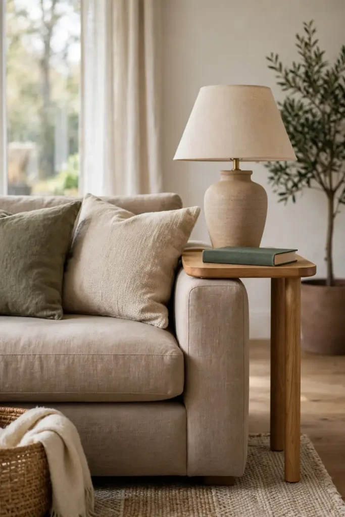 Side table at exactly sofa armrest height with lamp and book