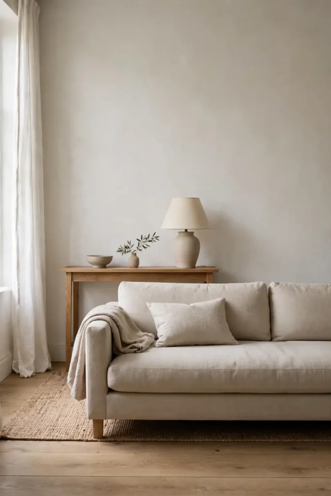 Sofa placed against the wall with a console and lamp behind it