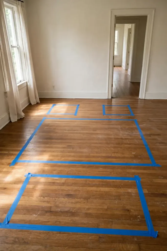 Painter's tape outlining furniture positions on a living room floor