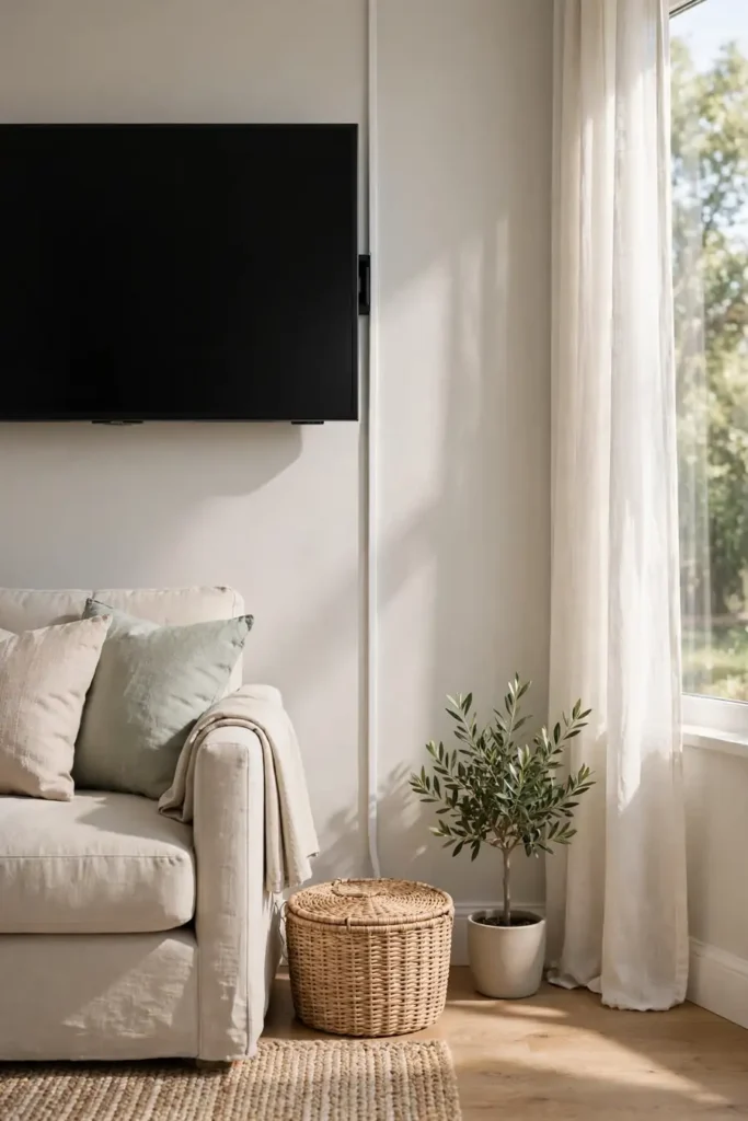 Cord cover and woven basket hiding cord clutter in a living room