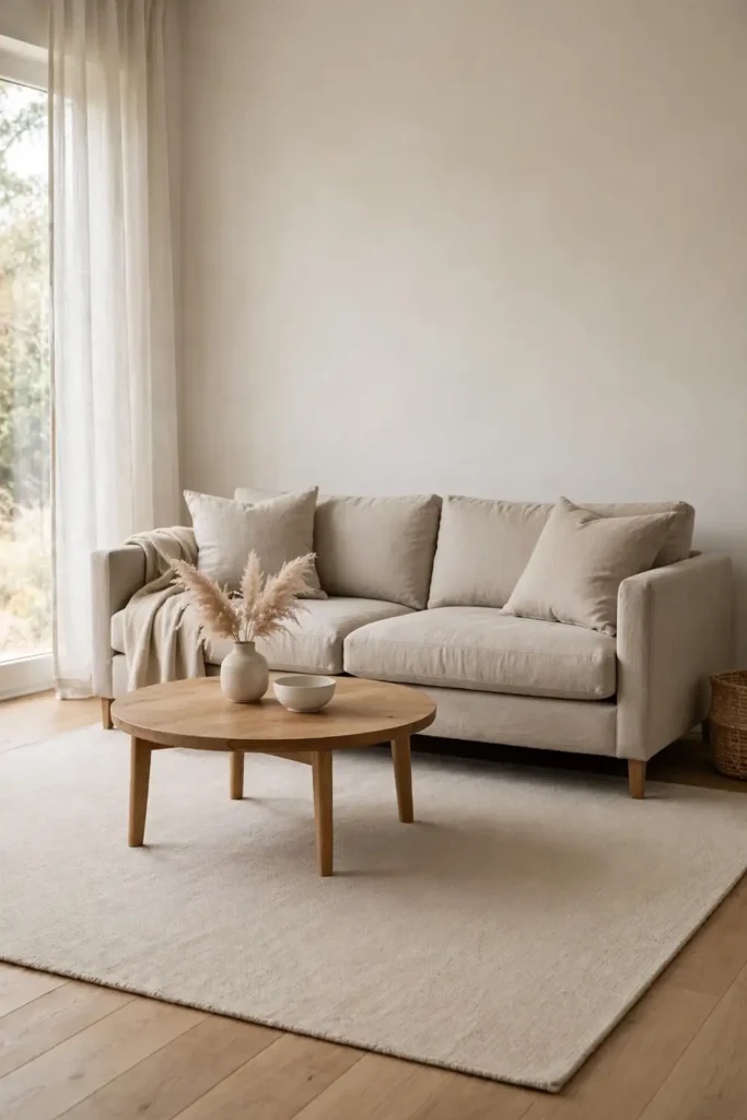 Large area rug with sofa front legs on it in a living room