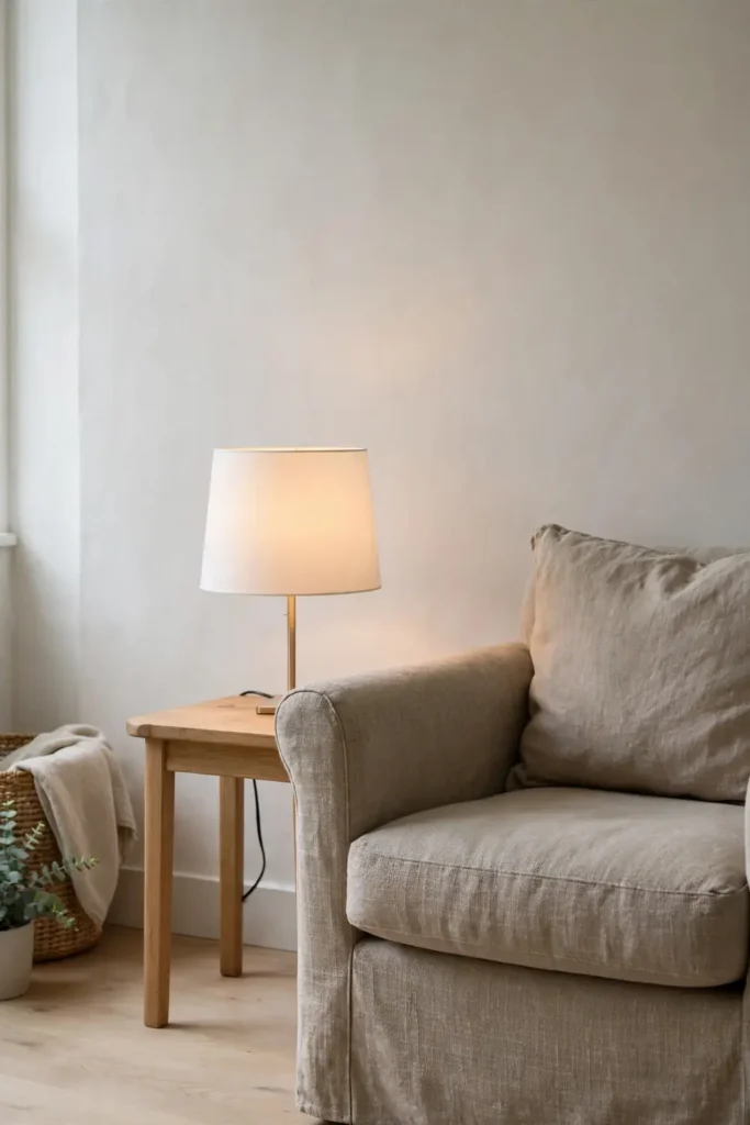 Table lamp with a fresh white drum shade in a living room corner