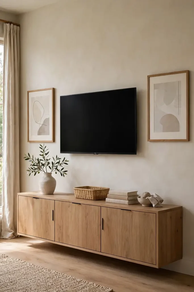 TV styled into a living room wall with flanking art and closed console