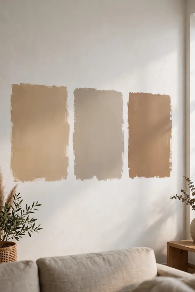 Paint sample patches tested on a living room wall
