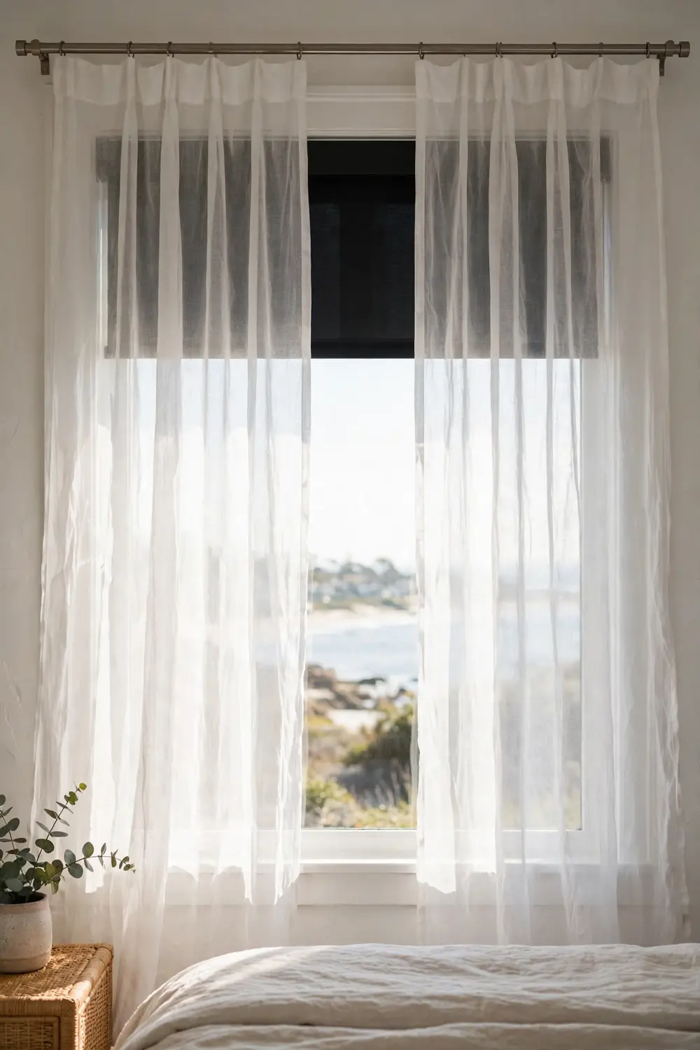 Layered sheer curtains and blackout blind in a coastal bedroom