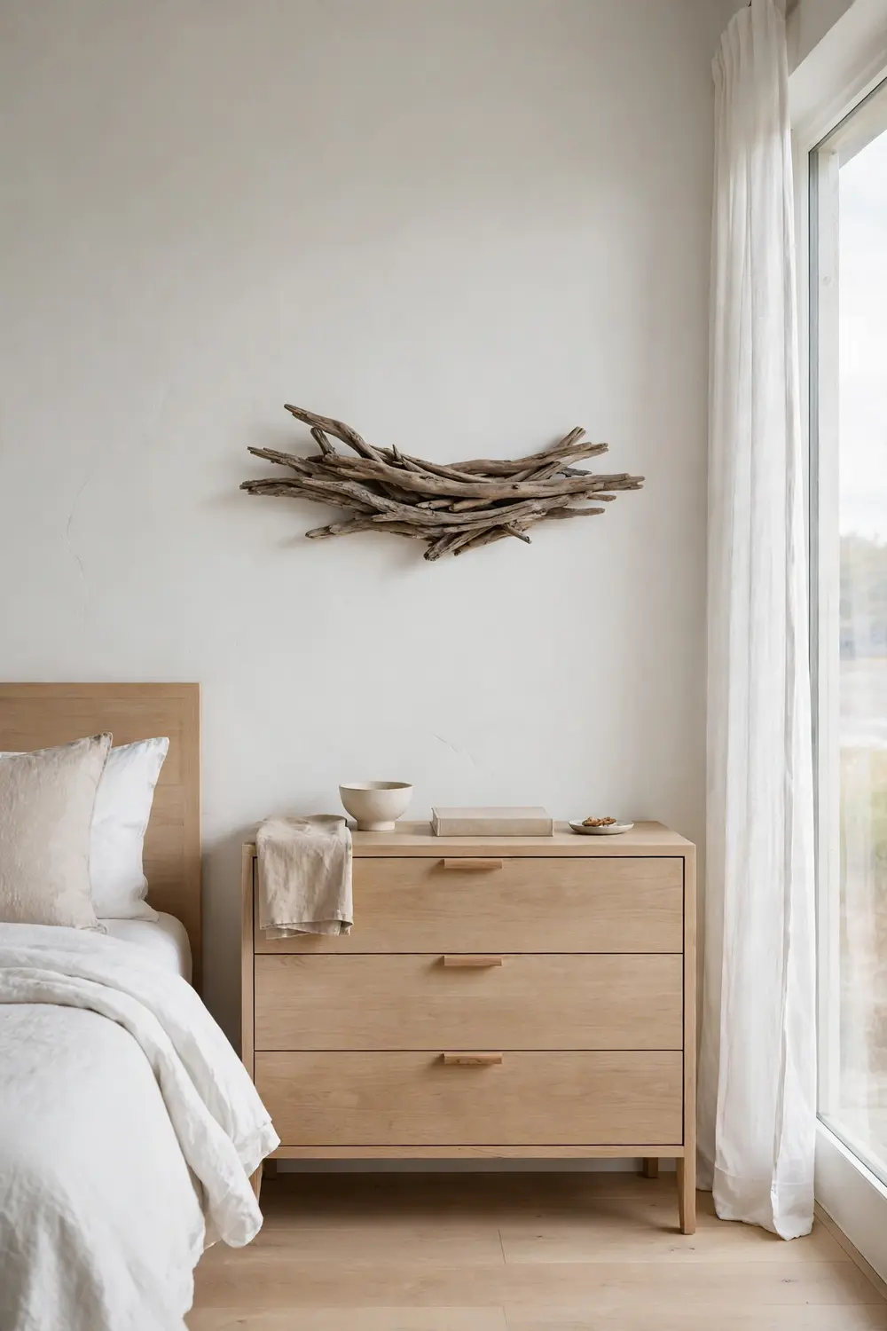 Single driftwood art print in a coastal bedroom