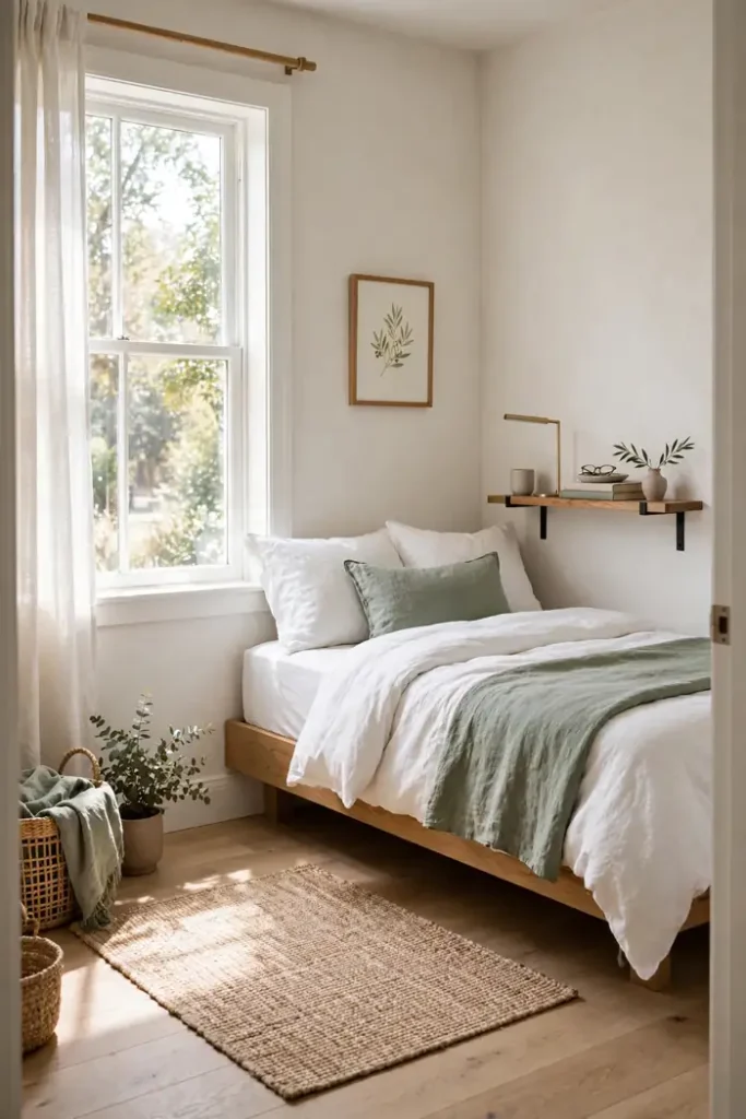 Bed pushed into the corner of a small bedroom with sage linens