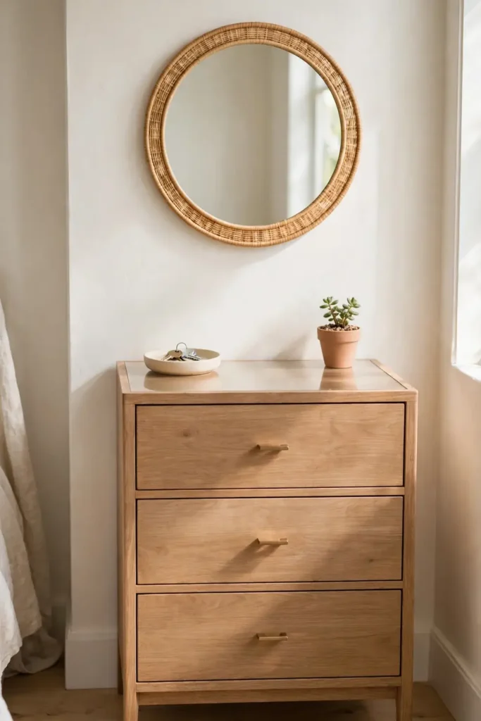 Dresser top kept clear with just a dish and plant in a small bedroom