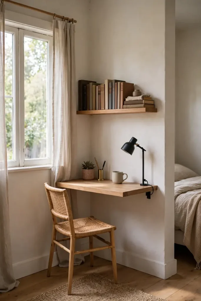 Desk nook tucked into a dead corner of a small bedroom
