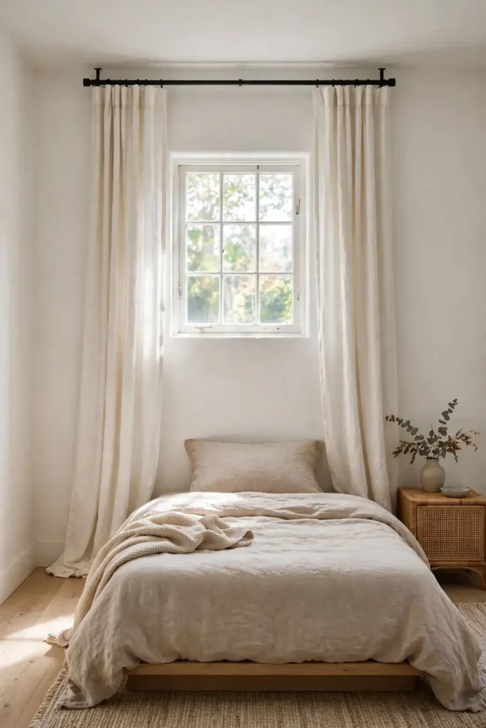 Curtains hung near the ceiling in a small bedroom