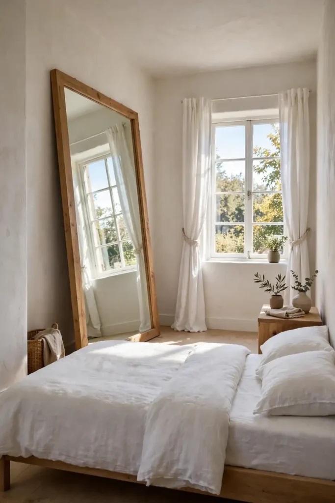 Large leaning mirror doubling light in a small bedroom