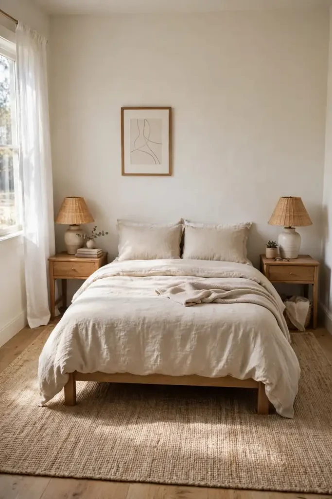 Large area rug extending under the bed in a small bedroom
