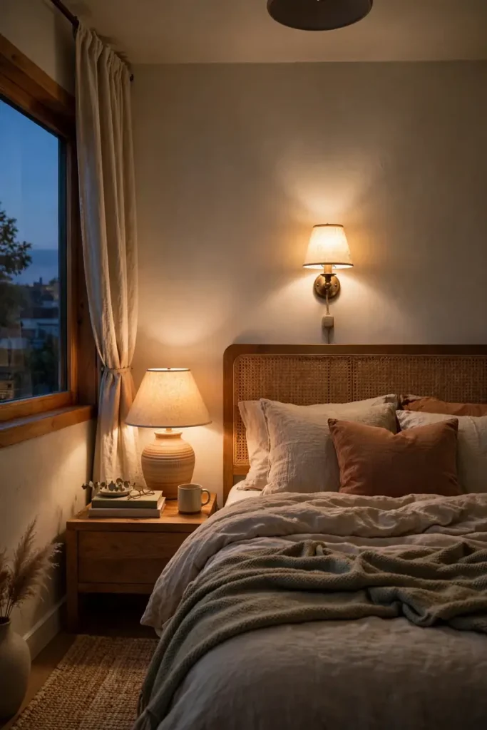 Layered bedside lamp and sconce lighting in a small bedroom