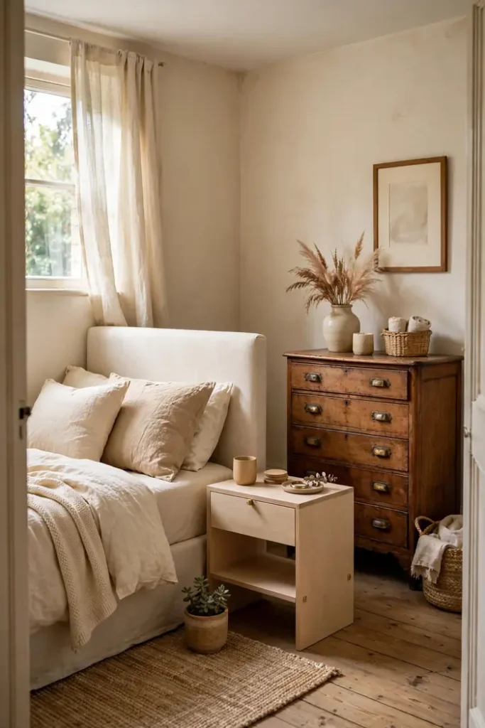 Small bedroom with intentionally mismatched furniture in warm tones