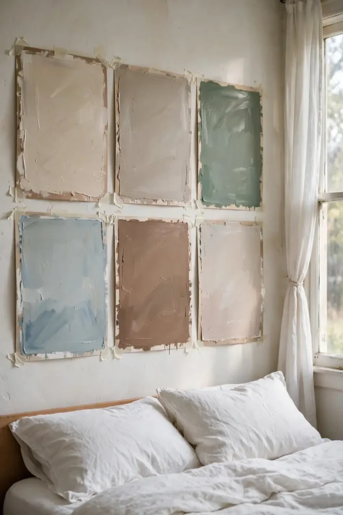 Paint sample boards tested in natural light in a small bedroom