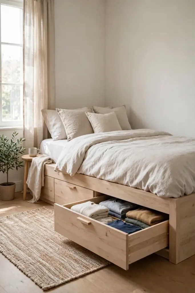 Storage bed with drawers replacing a dresser in a small bedroom