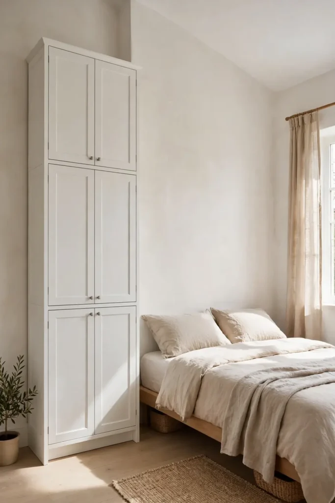 Tall narrow bookcase drawing the eye up in a small bedroom
