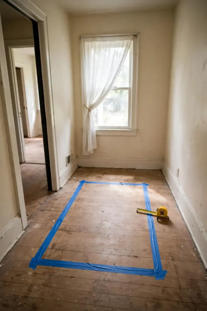 Painter's tape marking a bed footprint on a small bedroom floor