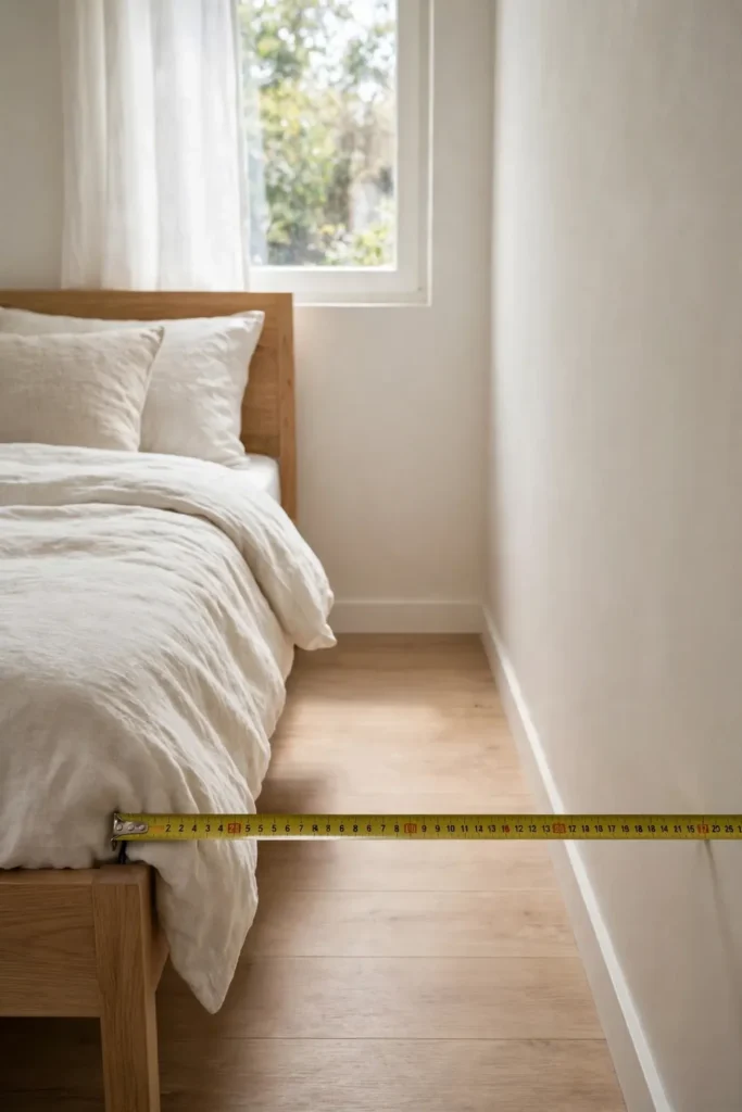 Tape measure showing clear walkway space in a small bedroom