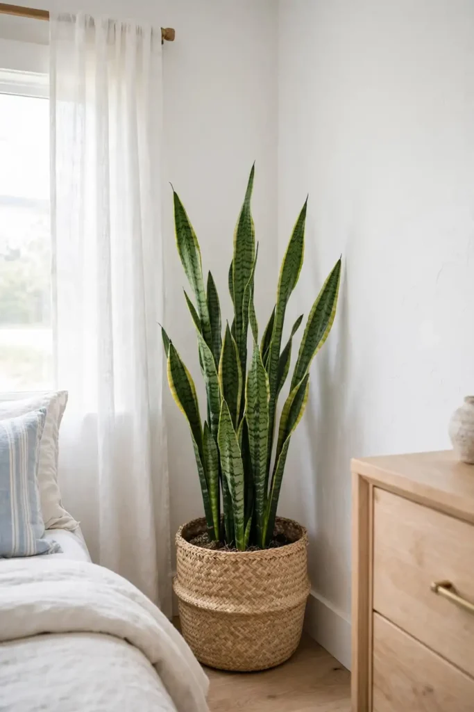 Snake plant in a seagrass basket in a coastal bedroom corner