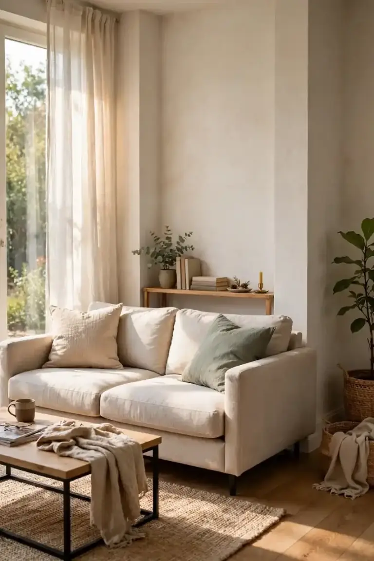 Sofa floated off the wall with a slim console table behind it