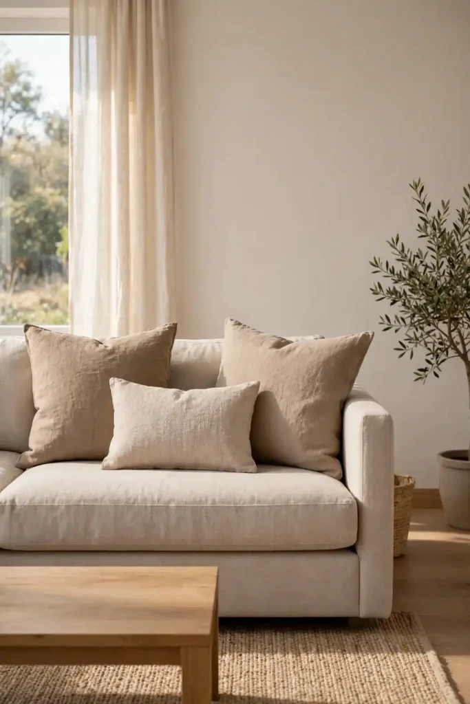 Sofa styled with three pillows in a cozy living room
