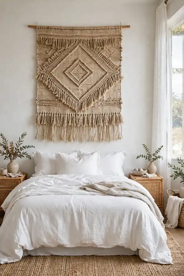 Woven textile wall hanging above a bed in a rental-friendly coastal bedroom