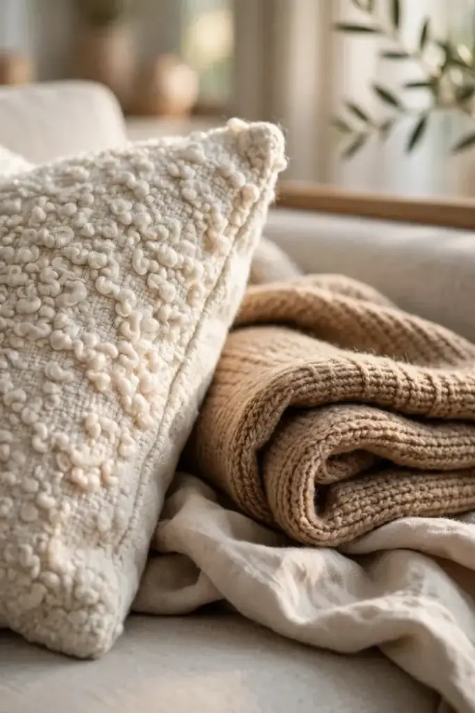 Layered textured pillows and wool throw on a cozy living room sofa