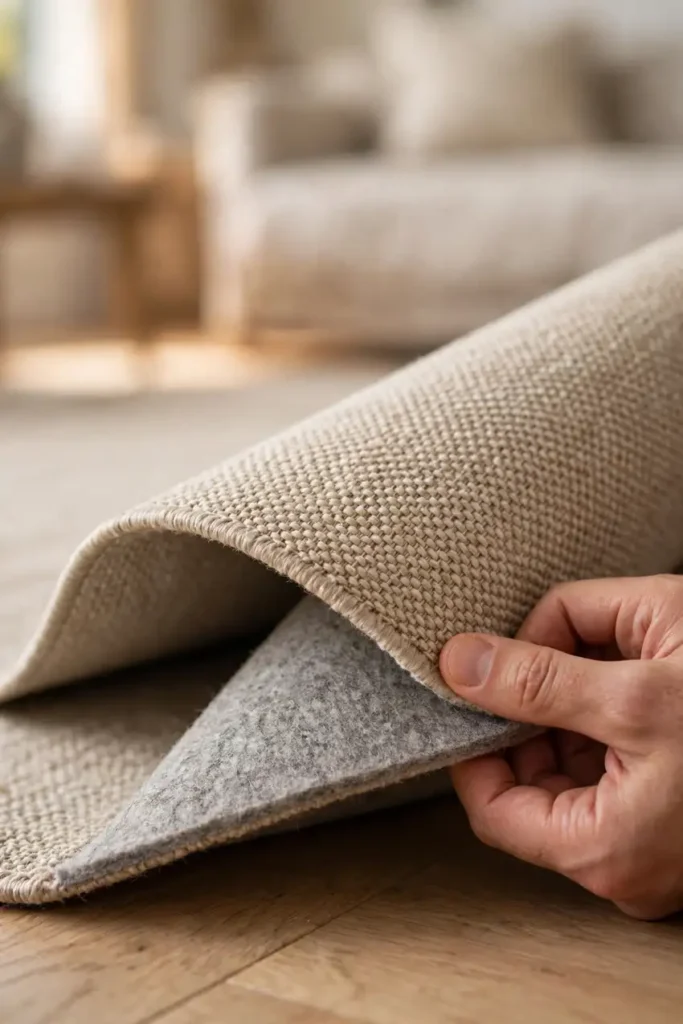 Thick rug pad revealed under the edge of an area rug
