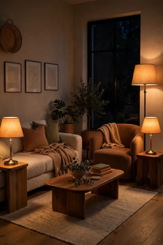 Cozy living room glowing with warm lamplight at night