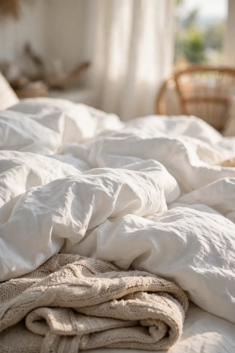 Rumpled white linen bedding in a coastal bedroom